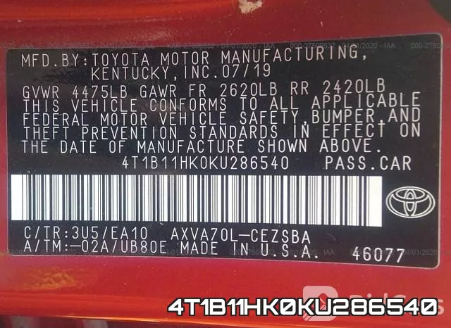 4T1B11HK0KU286540 фото 10