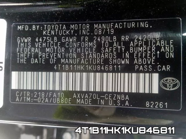 4T1B11HK1KU846811 фото 2