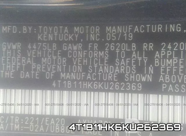 4T1B11HK6KU262369 фото 10