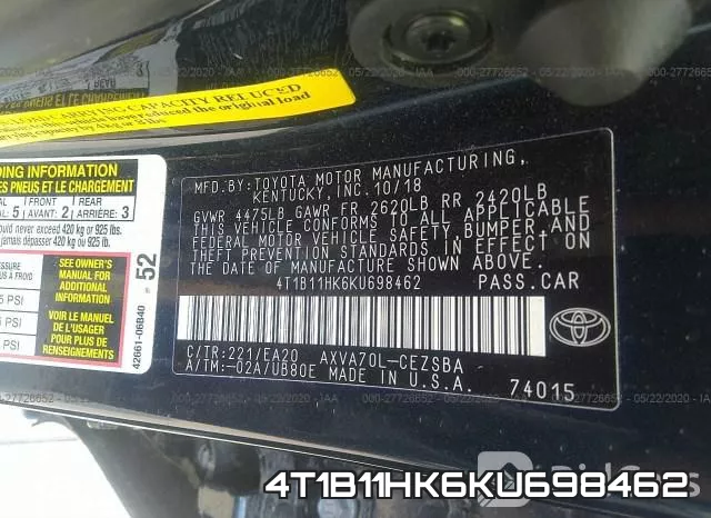 4T1B11HK6KU698462 фото 10