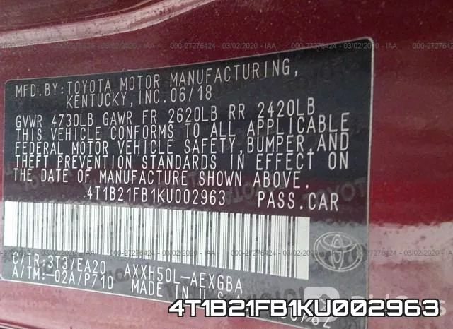 4T1B21FB1KU002963 фото 10