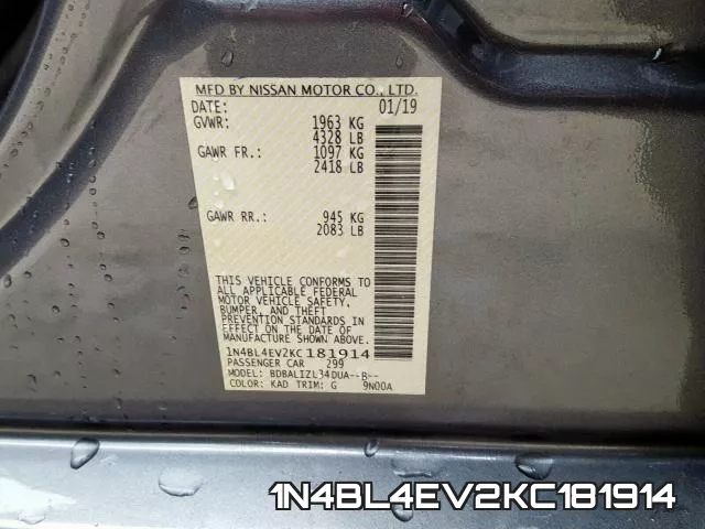 1N4BL4EV2KC181914 фото 2