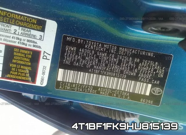 4T1BF1FK9HU815139 фото 10