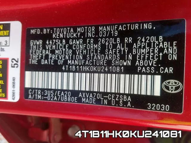 4T1B11HK0KU241081 фото 2