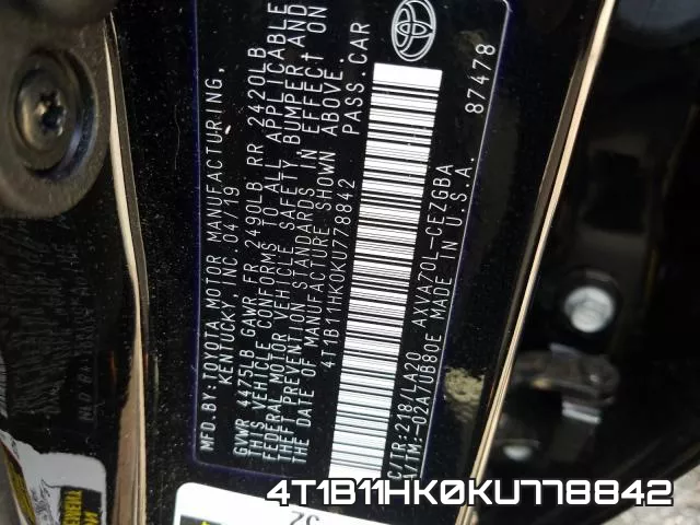 4T1B11HK0KU778842 фото 2