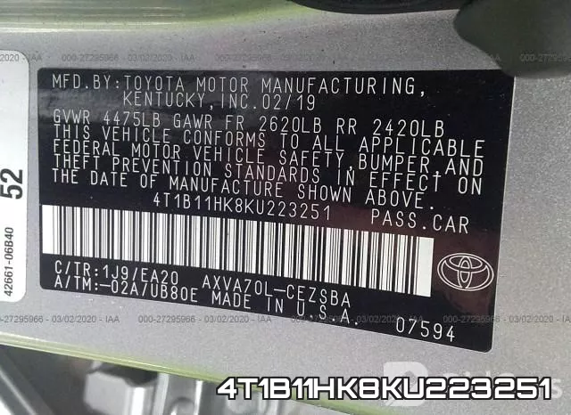 4T1B11HK8KU223251 фото 10