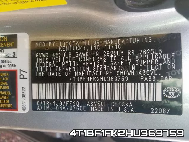 4T1BF1FK2HU363759 фото 2