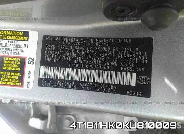 4T1B11HK0KU810009 фото 10