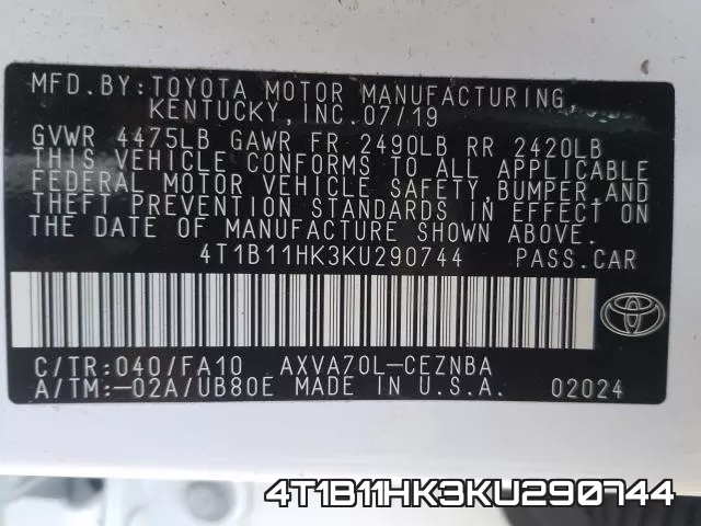 4T1B11HK3KU290744 фото 2