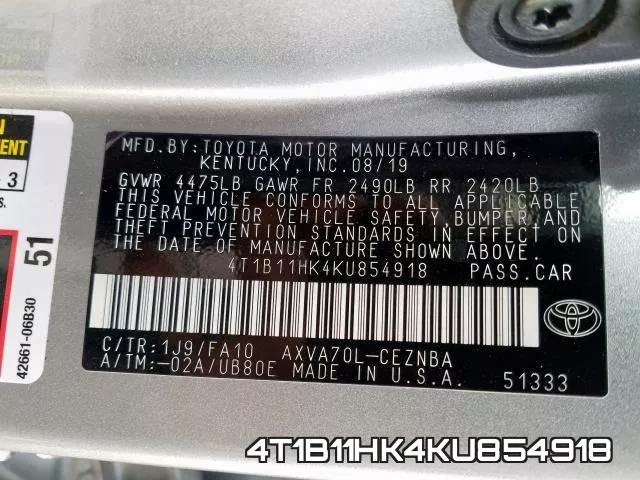 4T1B11HK4KU854918 фото 2