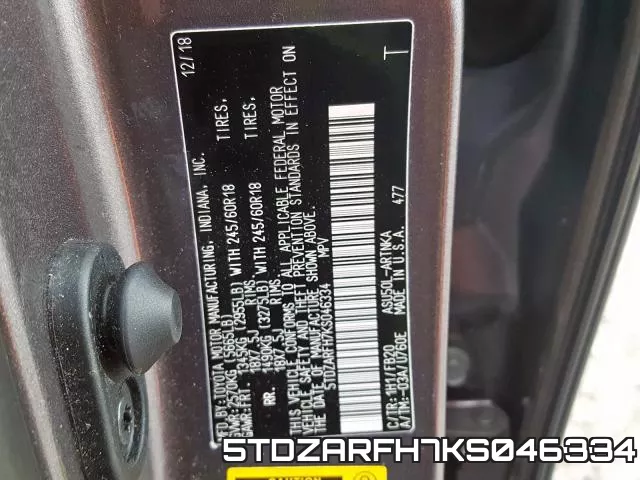 5TDZARFH7KS046334 фото 2