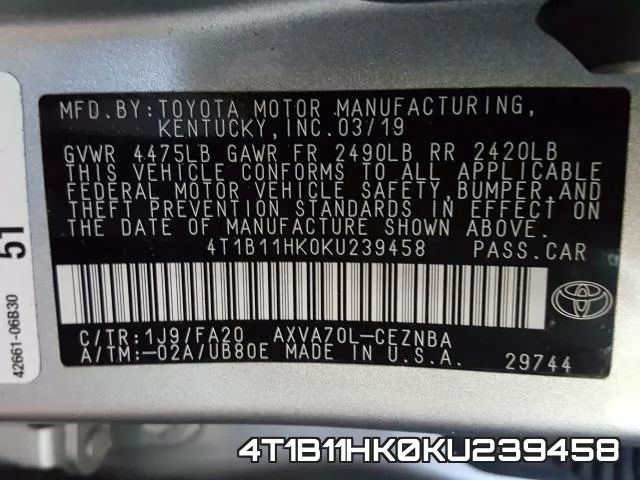 4T1B11HK0KU239458 фото 2