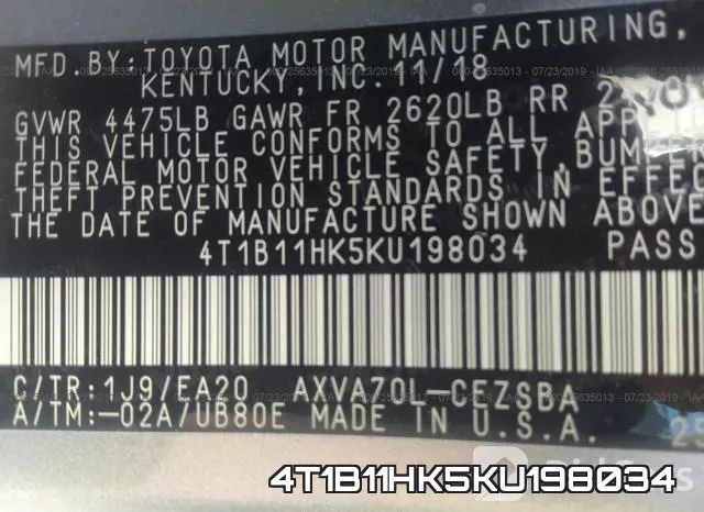 4T1B11HK5KU198034 фото 9
