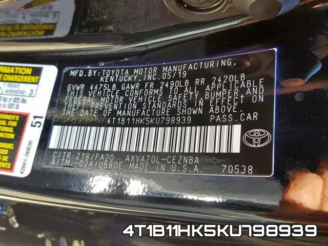 4T1B11HK5KU798939 фото 2
