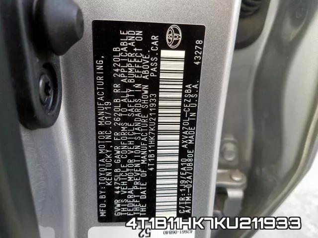 4T1B11HK7KU211933 фото 2