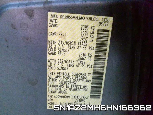 5N1AZ2MH6HN166362 фото 2