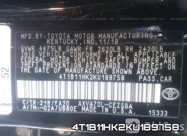 4T1B11HK2KU189758 фото 10