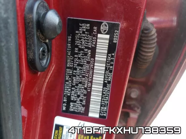 4T1BF1FKXHU738359 фото 2