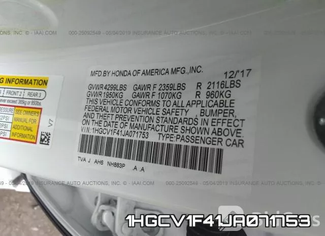 1HGCV1F41JA071753 фото 10