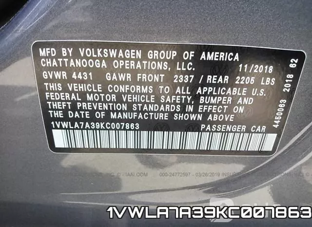1VWLA7A39KC007863 фото 10
