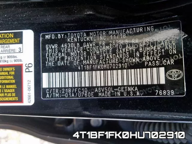 4T1BF1FK0HU702910 фото 2