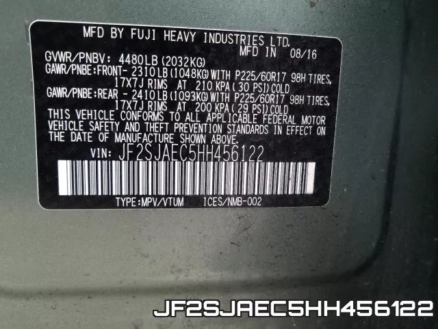 JF2SJAEC5HH456122 фото 2