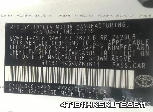 4T1B11HK5KU763611 фото 10