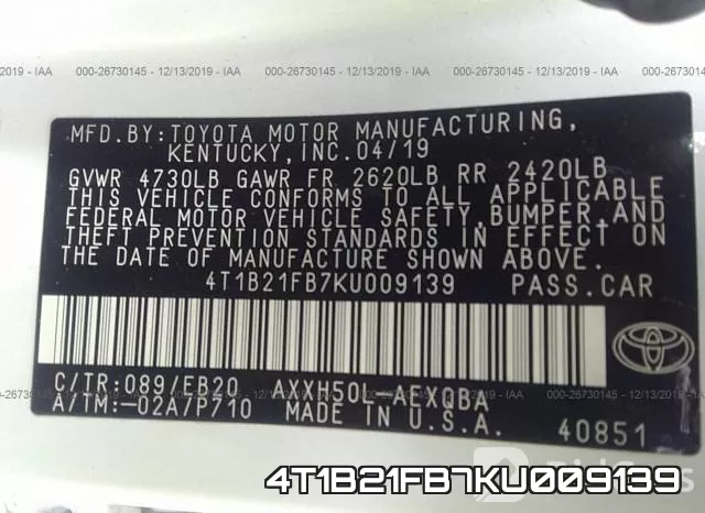 4T1B21FB7KU009139 фото 10