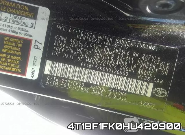 4T1BF1FK0HU420900 фото 9