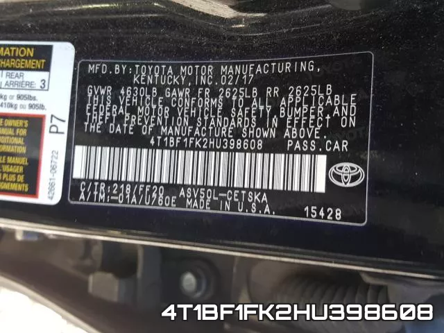 4T1BF1FK2HU398608 фото 2