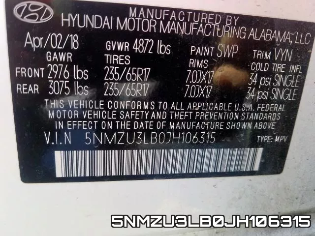 5NMZU3LB0JH106315 фото 2