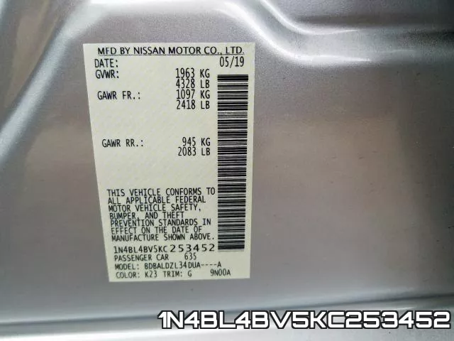 1N4BL4BV5KC253452 фото 2
