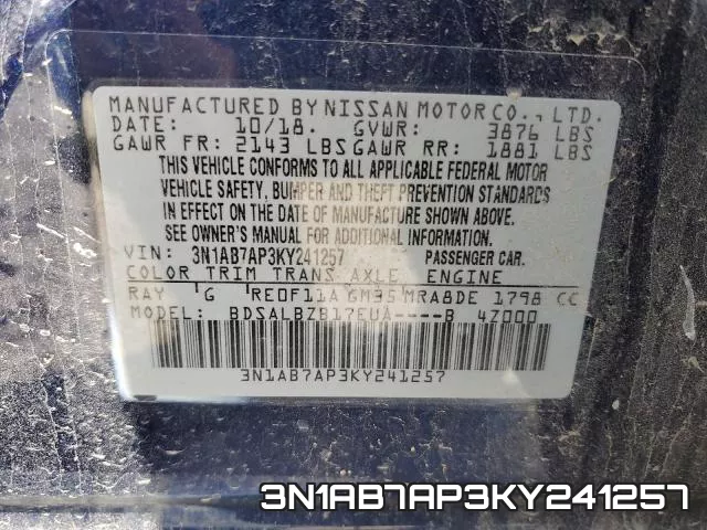 3N1AB7AP3KY241257 фото 2