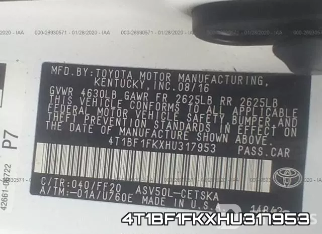 4T1BF1FKXHU317953 фото 10