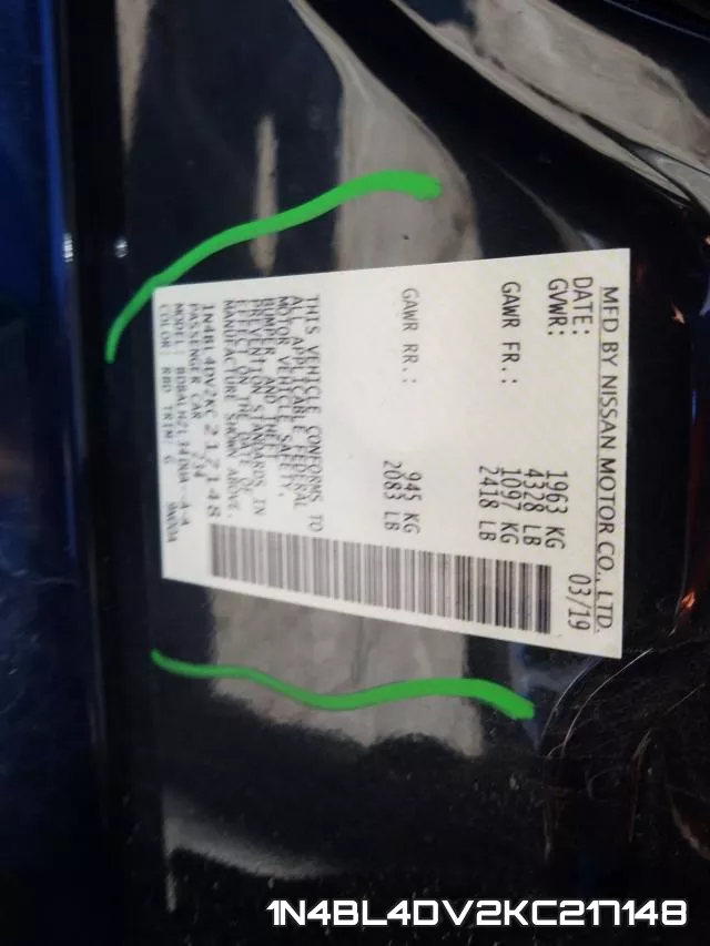 1N4BL4DV2KC217148 фото 2