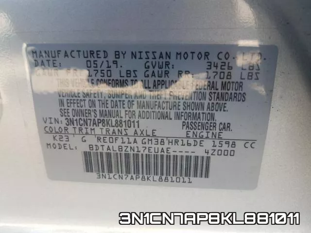 3N1CN7AP8KL881011 фото 2