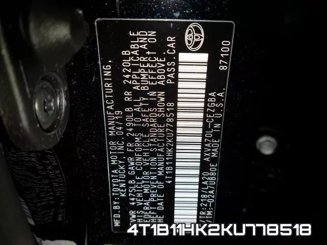 4T1B11HK2KU778518 фото 2