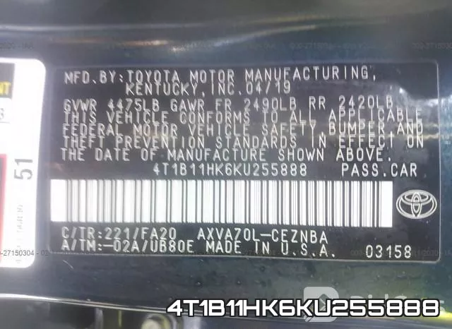 4T1B11HK6KU255888 фото 10