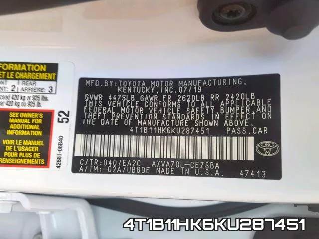 4T1B11HK6KU287451 фото 2