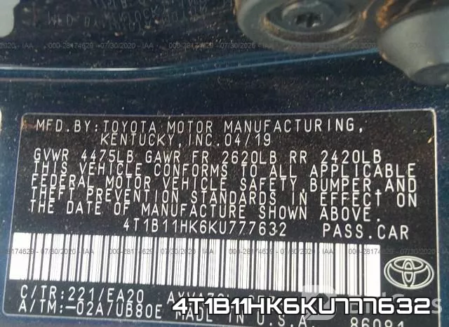 4T1B11HK6KU777632 фото 10