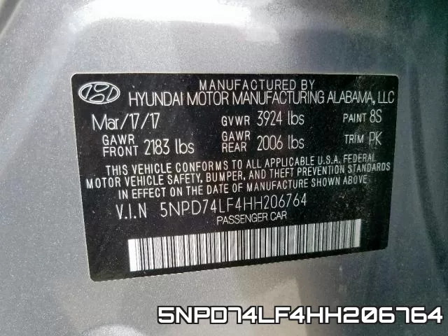 5NPD74LF4HH206764 фото 2