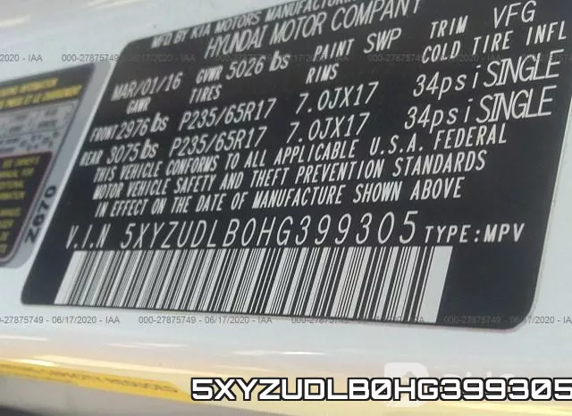5XYZUDLB0HG399305 фото 10