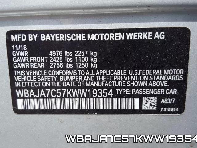 WBAJA7C57KWW19354 фото 2