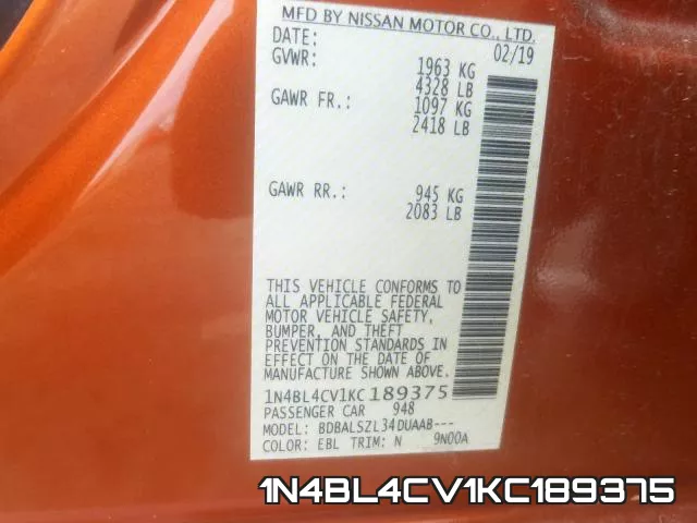 1N4BL4CV1KC189375 фото 2
