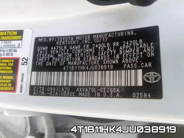 4T1B11HK4JU038919 фото 2