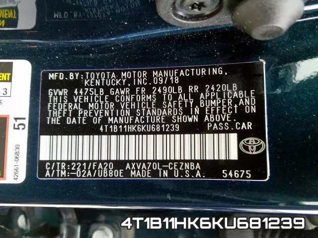 4T1B11HK6KU681239 фото 2