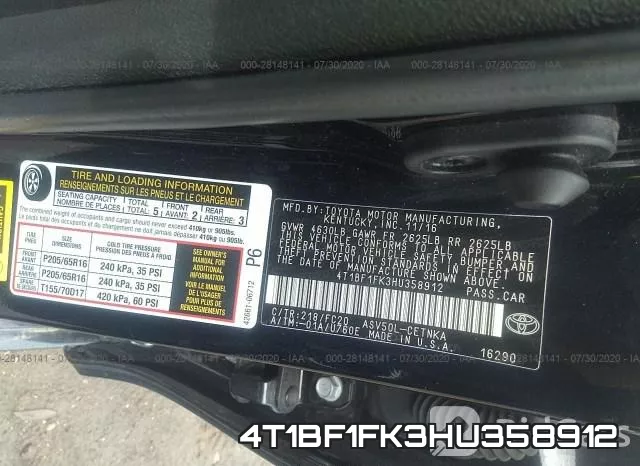 4T1BF1FK3HU358912 фото 10