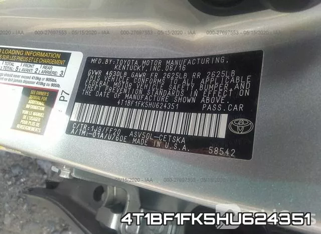 4T1BF1FK5HU624351 фото 10