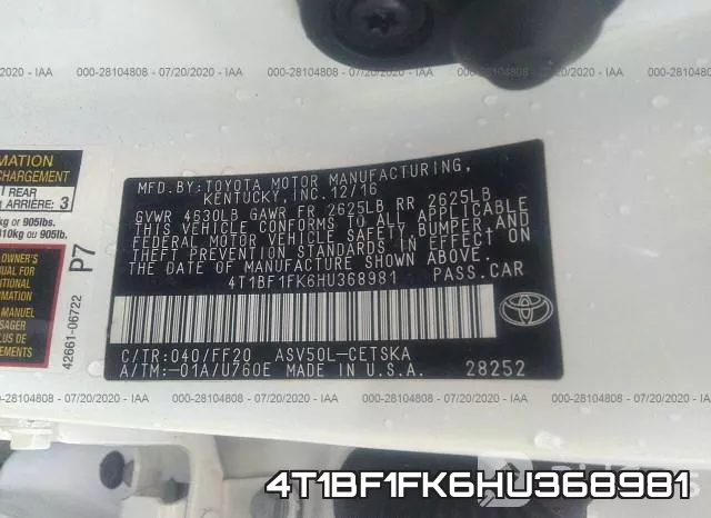 4T1BF1FK6HU368981 фото 10