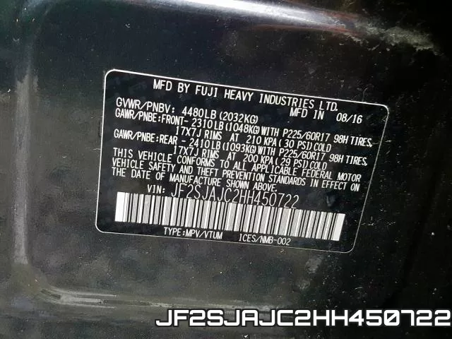JF2SJAJC2HH450722 фото 2
